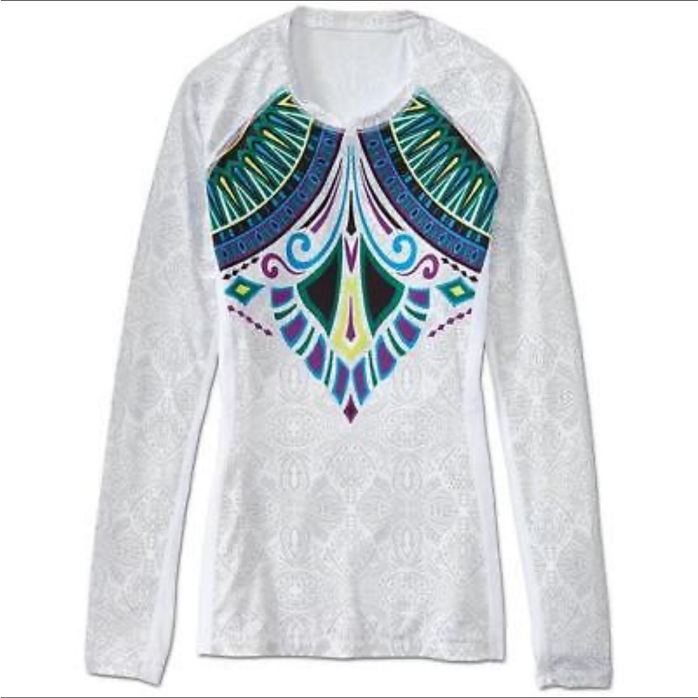 Athleta White Long Sleeve Tee with Multicolor Design